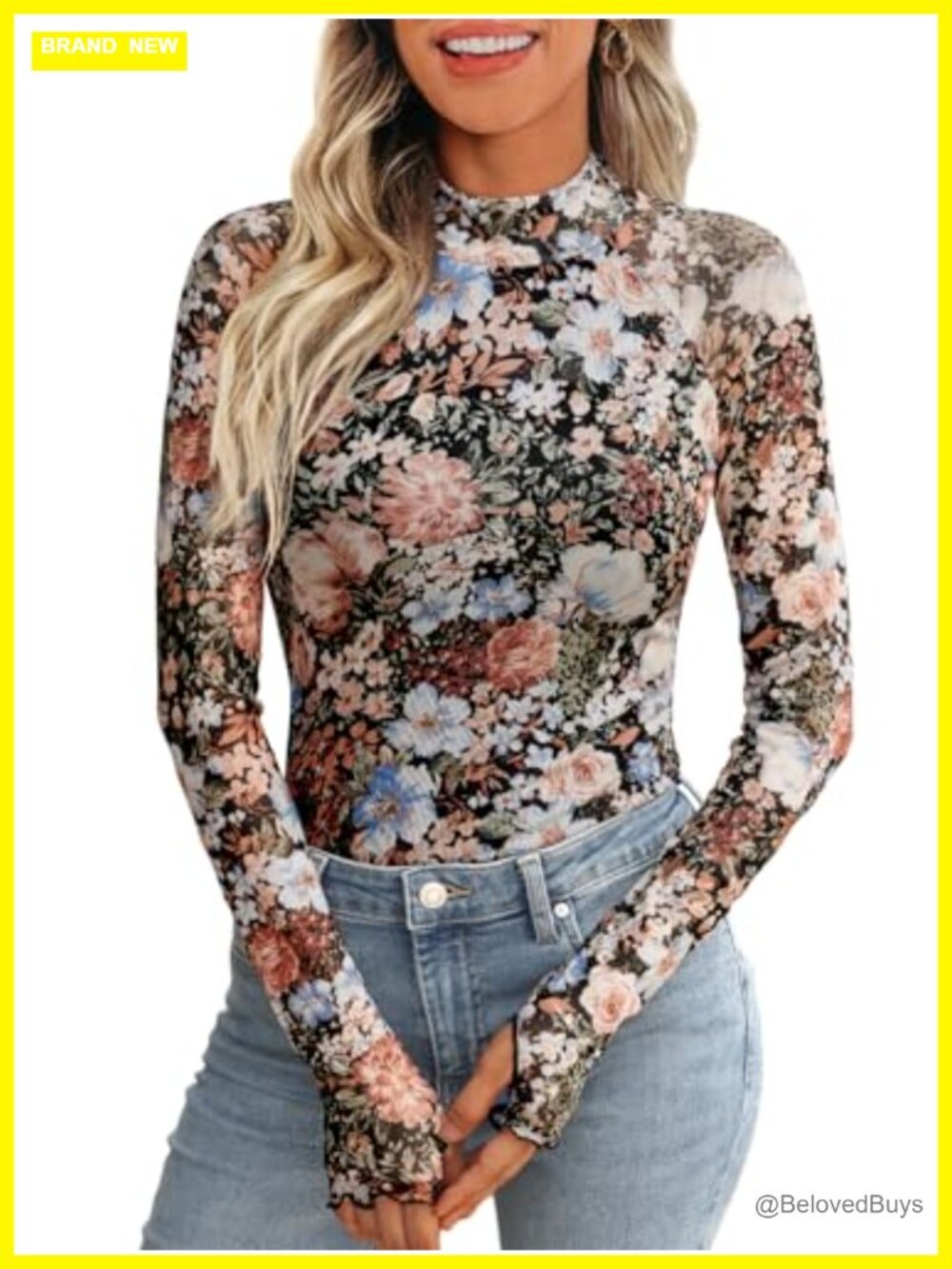 Women's Lace Sheer Floral Mesh Mock Neck Long Sleeve Top